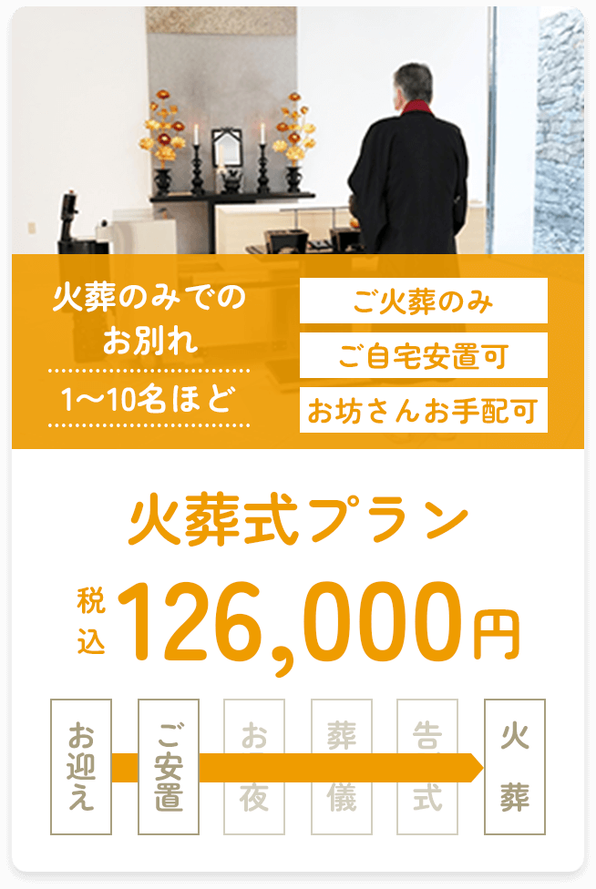 火葬式プラン。税込126,000円。火葬でのお別れ（1〜10名ほど）。